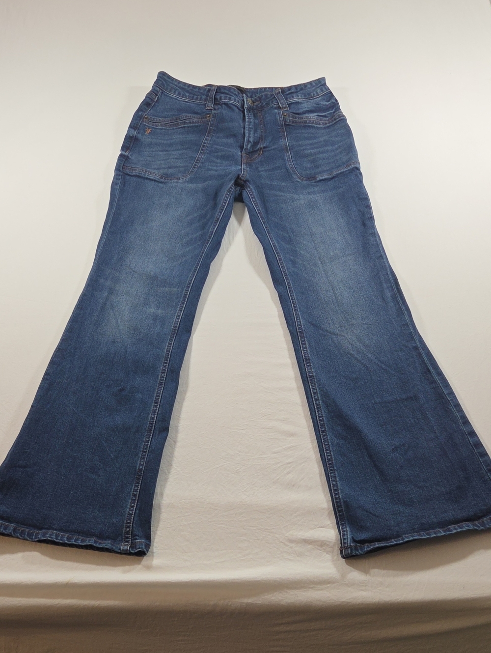 Frye Indigo Blue Flare Wide-Leg Jeans Embroidered Pockets Cotton Men 28 Unisex